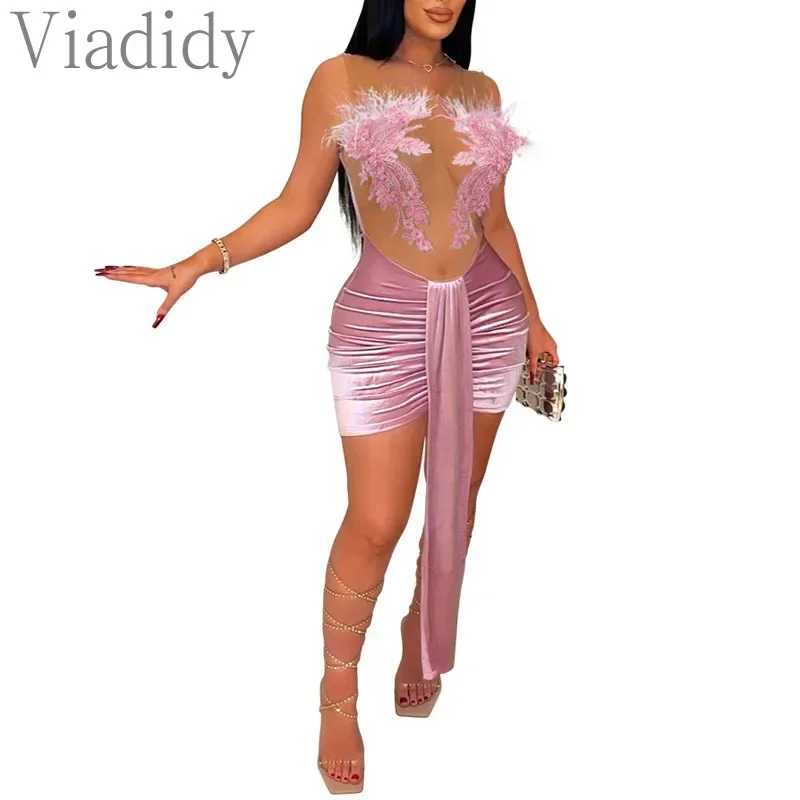 فستان نسائي قصير مثير بدون أكمام ورقبة دائرية بقماش شفاف ومطرز مخملي مكشكش