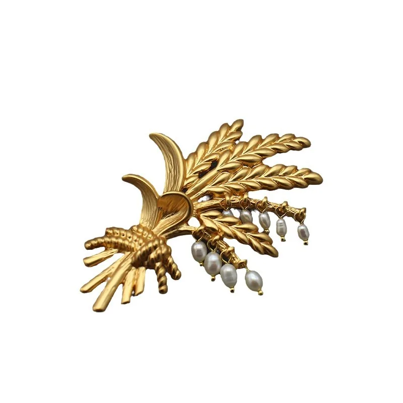 Used Freshwater Pearl Wheat Ear Brooch - Matte Gold, Solid Gold Jewelry - Minimalist and Versatile Style view 5