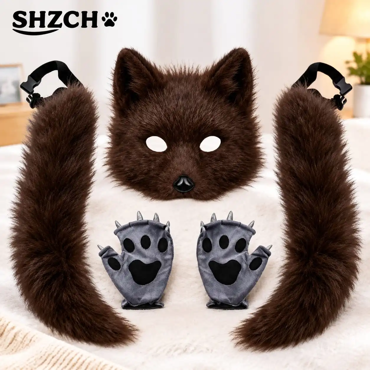 Furry Cat Ears Mask Tail & Paws Set, Black Faux Fur Animal Cosplay Costume Accessories for Halloween Party Comic Con