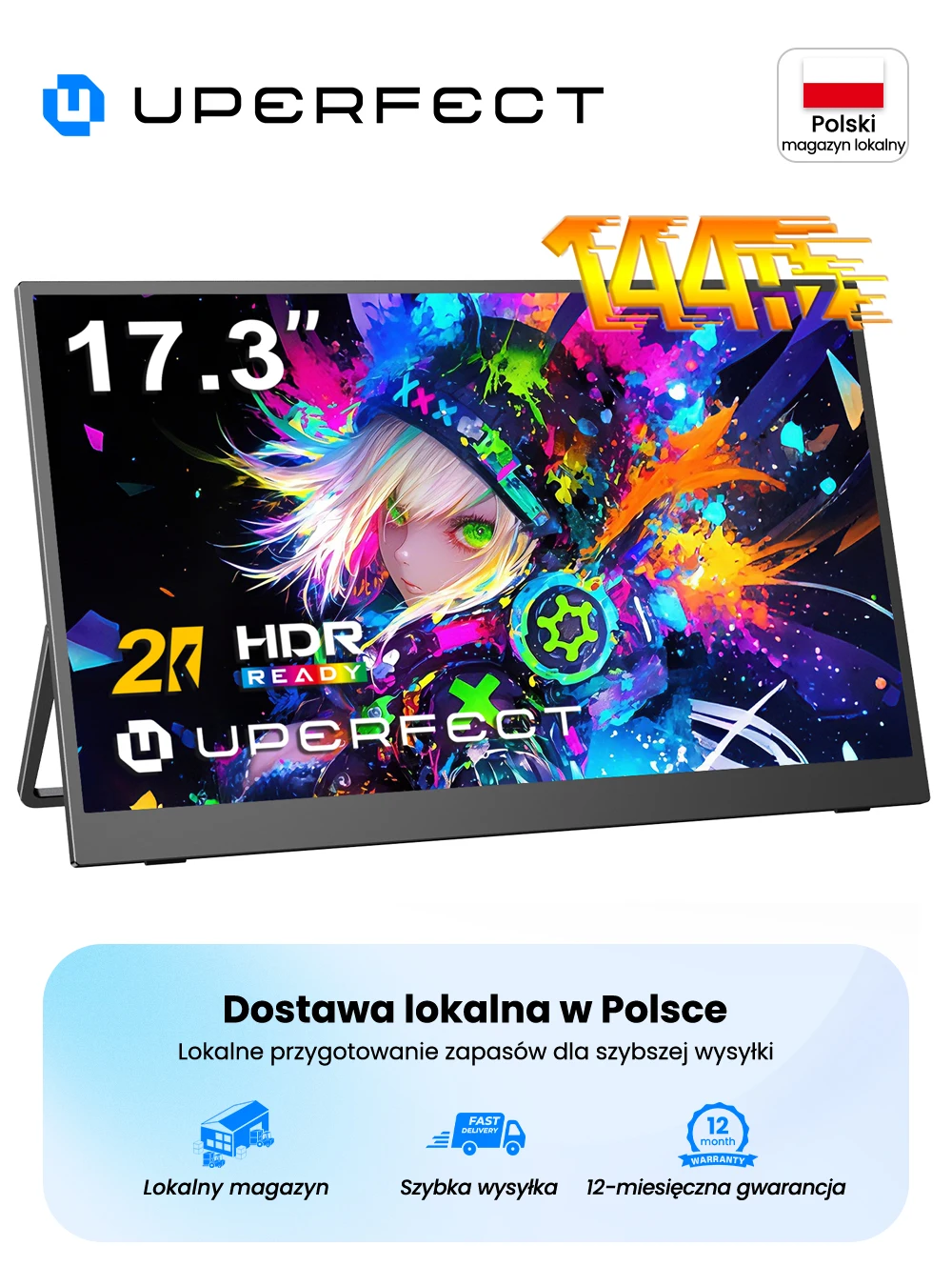 UPERFECT 17,3" Tragbarer Bildschirmmonitor 2K QHD 144Hz IPS-Display 105,7% sRGB Ultra Slim mit Ständer HDMI USB-C für Laptop-Gaming