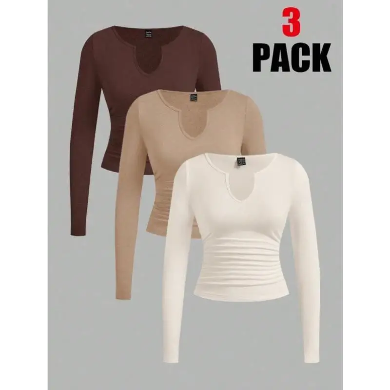 

Women's Tee-Piece V-Ne Knitted Long Sve T-irt Waist-Cinching Ribbed Tops Ciwalk Non-Fading PU Leather Sve