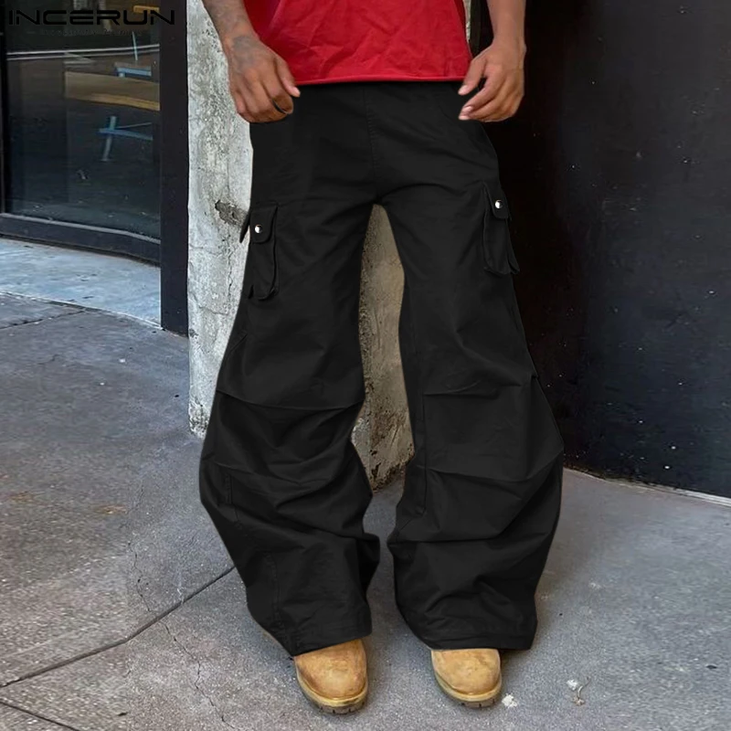 INCERUN 夏男性ワイドレッグパンツファッションカーゴパンツソリッドポケットプリーツ長ズボン特大パンタロン紳士服