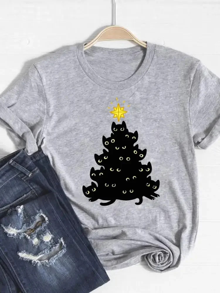 Cat Lovely Style Cute 90s Clothes Print T-Shirt Top Fashion New Year Kurzarm Basic Damen T-Shirts Grafik-Weihnachts-T-Shirts
