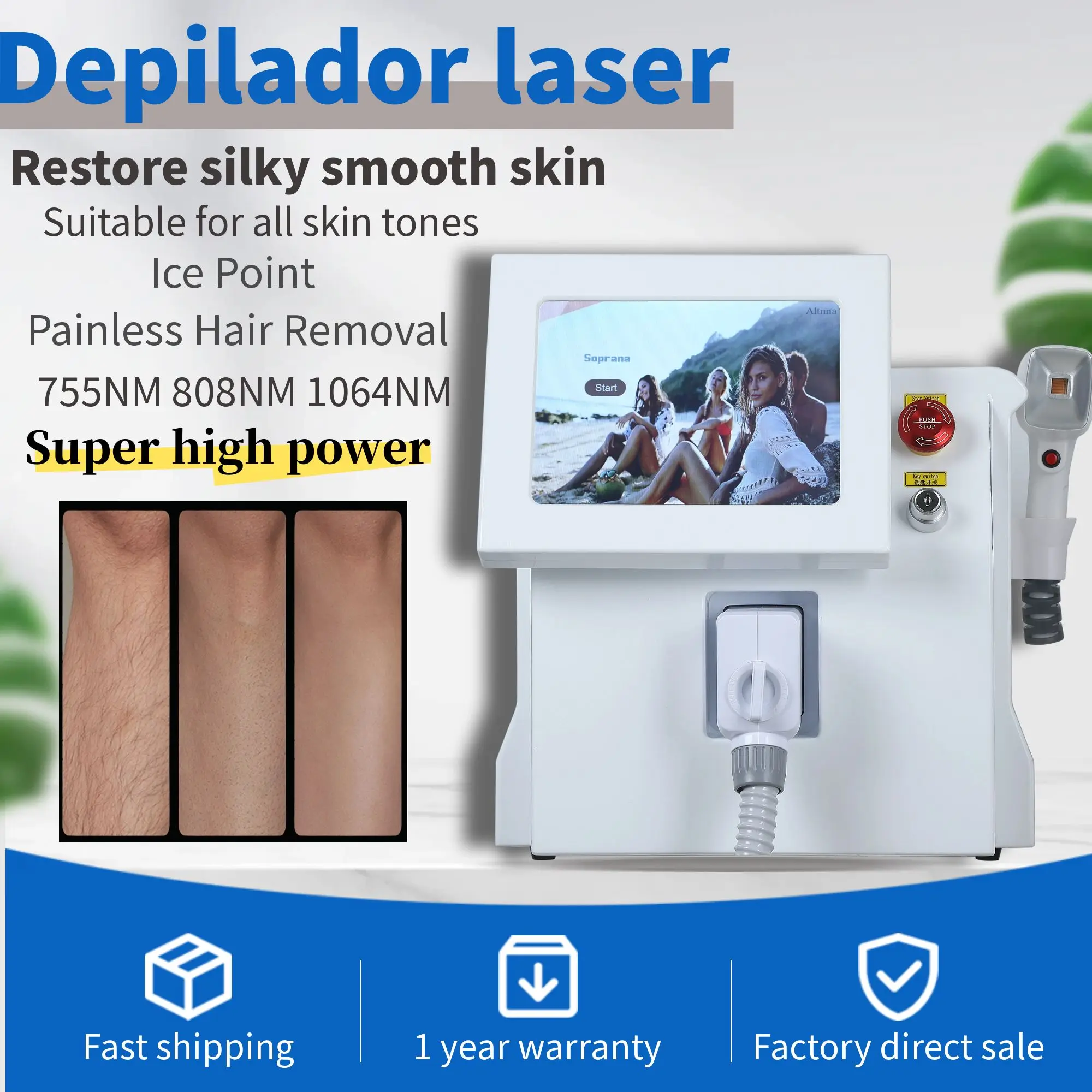 Factory Direct Sales Super Energy Density Diode Laser Hair Removal Machine Safe Painless Permanent  Smart 3 Wavelength