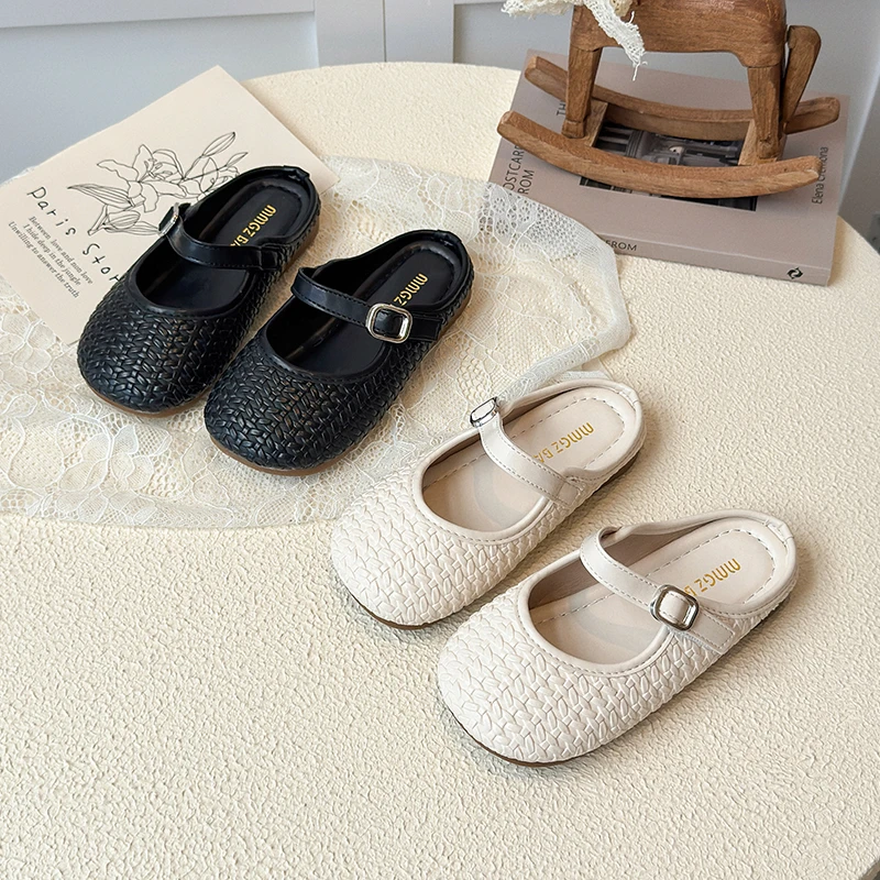 

2025 New Summer Girl's Casual Slippers Round Toe Slip-on Braided Daily Kid's Flat Shoe Beige Black Anti-slip Chic Children Shoe