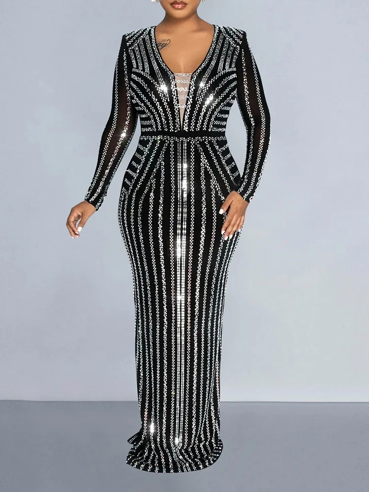 

Sexy Shiny Diamonds Long Dresses Robe Bodycon Party Vestido African Women's Clothing Black Evening Gown