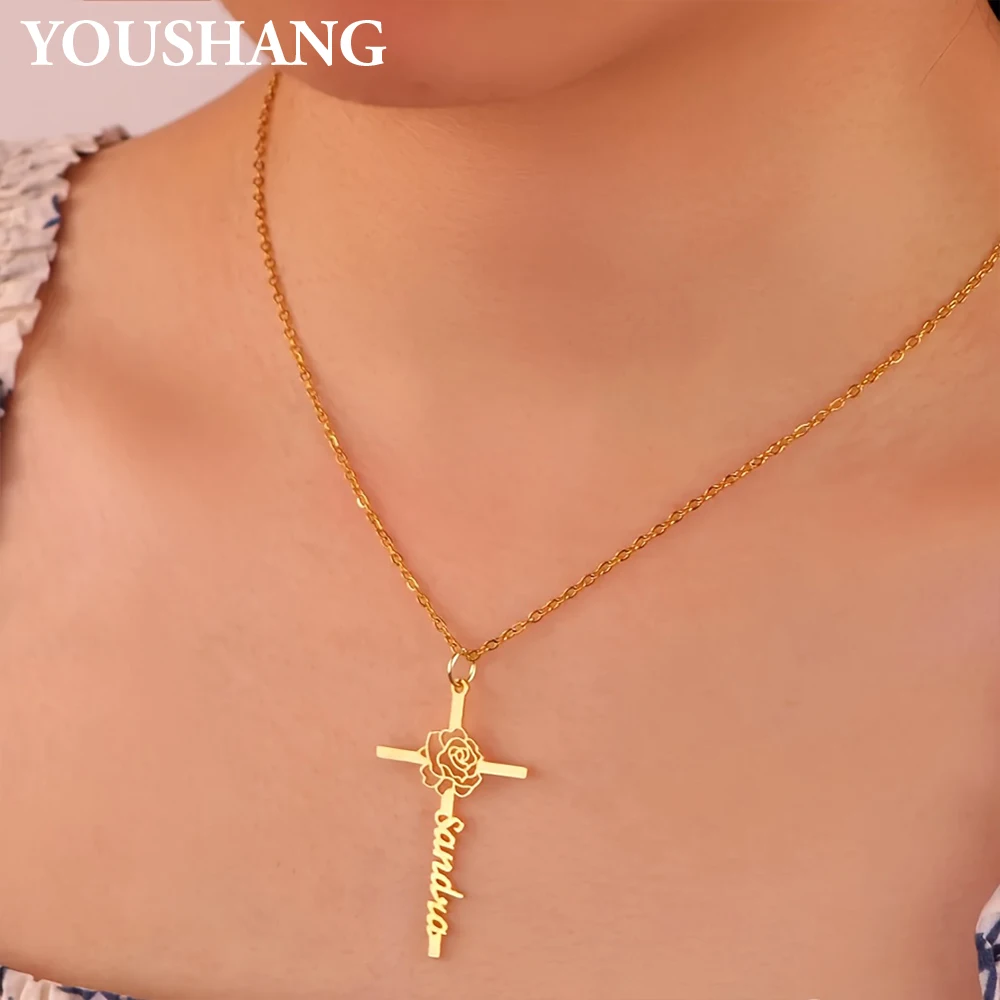 

Custom Name Cross Necklace with Flower, Personalized Stainless Steel Rose Cross Pendant, Customized Name Jewelry Gift.