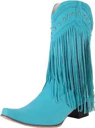 Retro Women Tassel Cowgirl Boots Shoes 2024 New Fringe Middle Heels Western Boots Fashion Slip-on Wedge Pointed Toe Boots Female