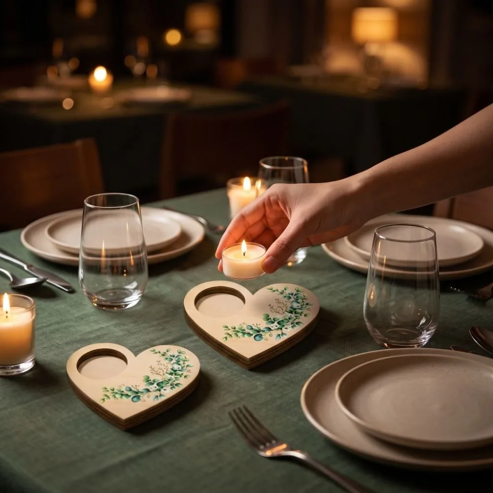 Floral Pattern Heart Shaped Candle Holder Butterfly Ornament Wooden Candle Holder Candlestick Sweet Tealight Tray