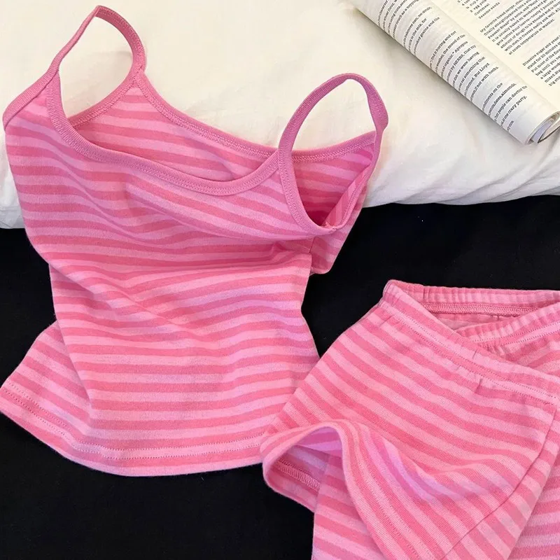 Summer Women 2‑Pieces Striped Pajama Loungewear Set Pink Striped Camisole Short Pants Thin Soft Breathable Ladies Home Sleepwear image 2