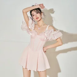 2026 Korean One Piece Swimsuit Women Sling Puff Sleeve Swimwear Pink Sexy Swimwear Beach Thong Monokini Swimming Bathing Suit