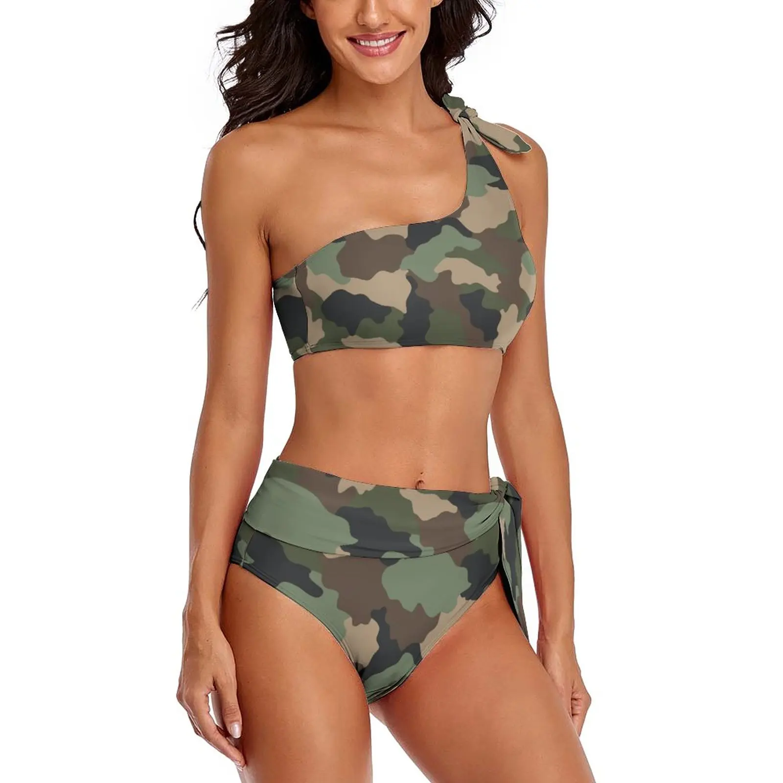 Woodland Camo strój kąpielowy Bikini wojskowy kamuflaż jedno ramię stroje kąpielowe Sexy Bikini Set kobiety Push Up kobiece Bikini Biquini