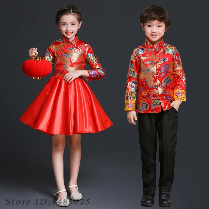 Costume di Capodanno Ragazzi Tang Vestiti Bambino Uniformi per spettacoli teatrali Ragazza Stile cinese Qipao Raso Cheongsam Costume jacquard