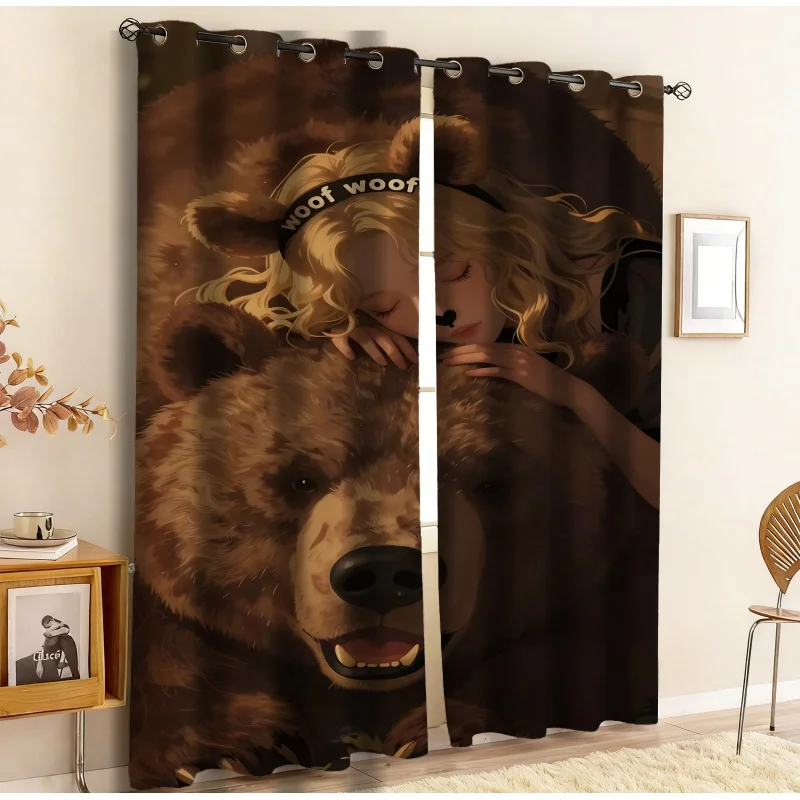 Rideaux imprimés Euphoria Saison 3 Girl & Bear Healing Hug, 2 panneaux, lisses et occultants à 85 %, idéaux pour chambre d'adolescent et décoration de maison d'hôtes