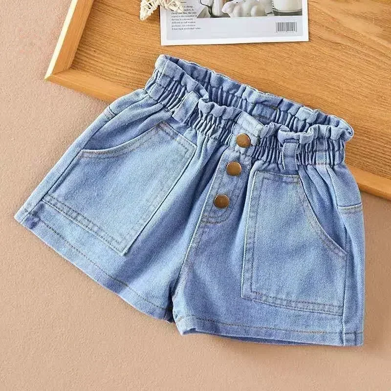 Brief Style Denim Blue Toddler Girls Denim Shorts Kids Summer Casual Short Pants Children Elastic Waist Trousers for 4-10 Years