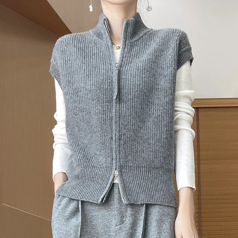 Autumn Winter New 100% Wool Vest Women\'s Half High Neck Knitted Zipper Cardigan Casual Sleeveless Camisole Fashion Korean Tops