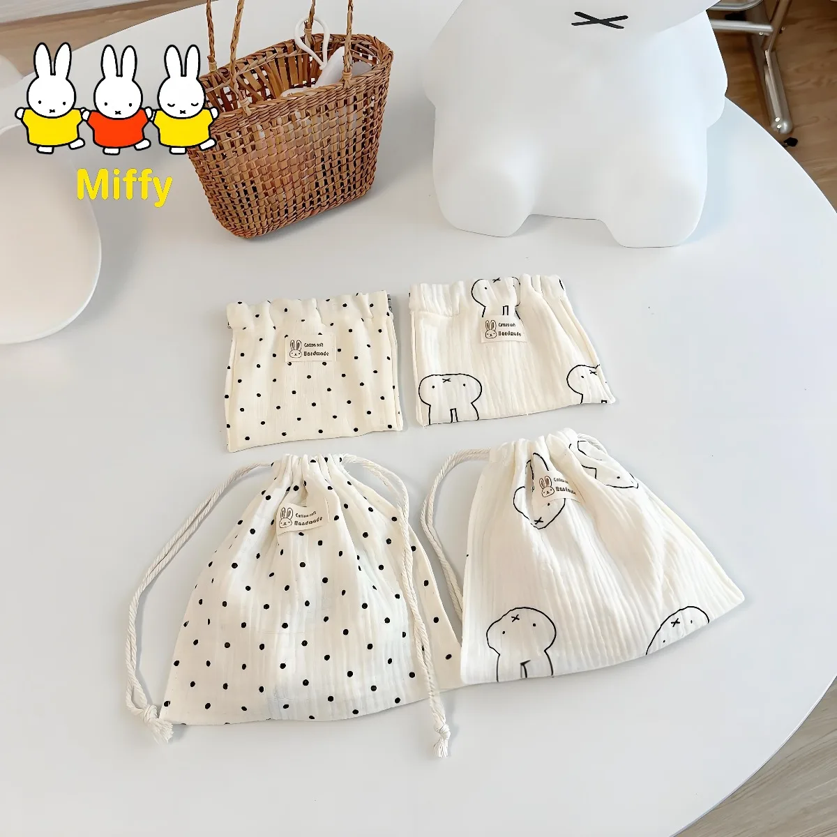 

Kawaii Miffy Drawstring Bag Cute Cartoon Pure Cotton Yarn Korean Floral Cotton Fabric Miscellaneous Storage Bag