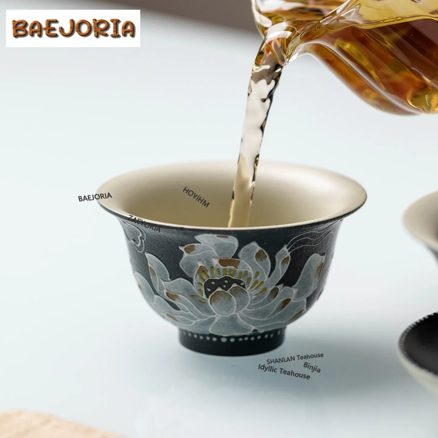 BAEJORIA 80ml Hand-painted Ink Lotus Teacup Handmade Tea Bowl Tea Pair Tea-tasting Smelling Cup Jianzhan Master Cups Teaset