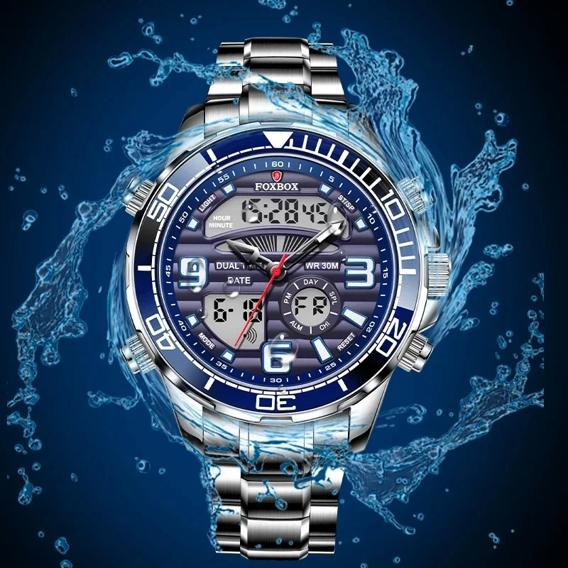 FOXBOX Top Brand Luxury Digital Mens Watches Top Luxury Sport Quartz Wristwatch For Men All Steel Military Waterproof Clock+Box