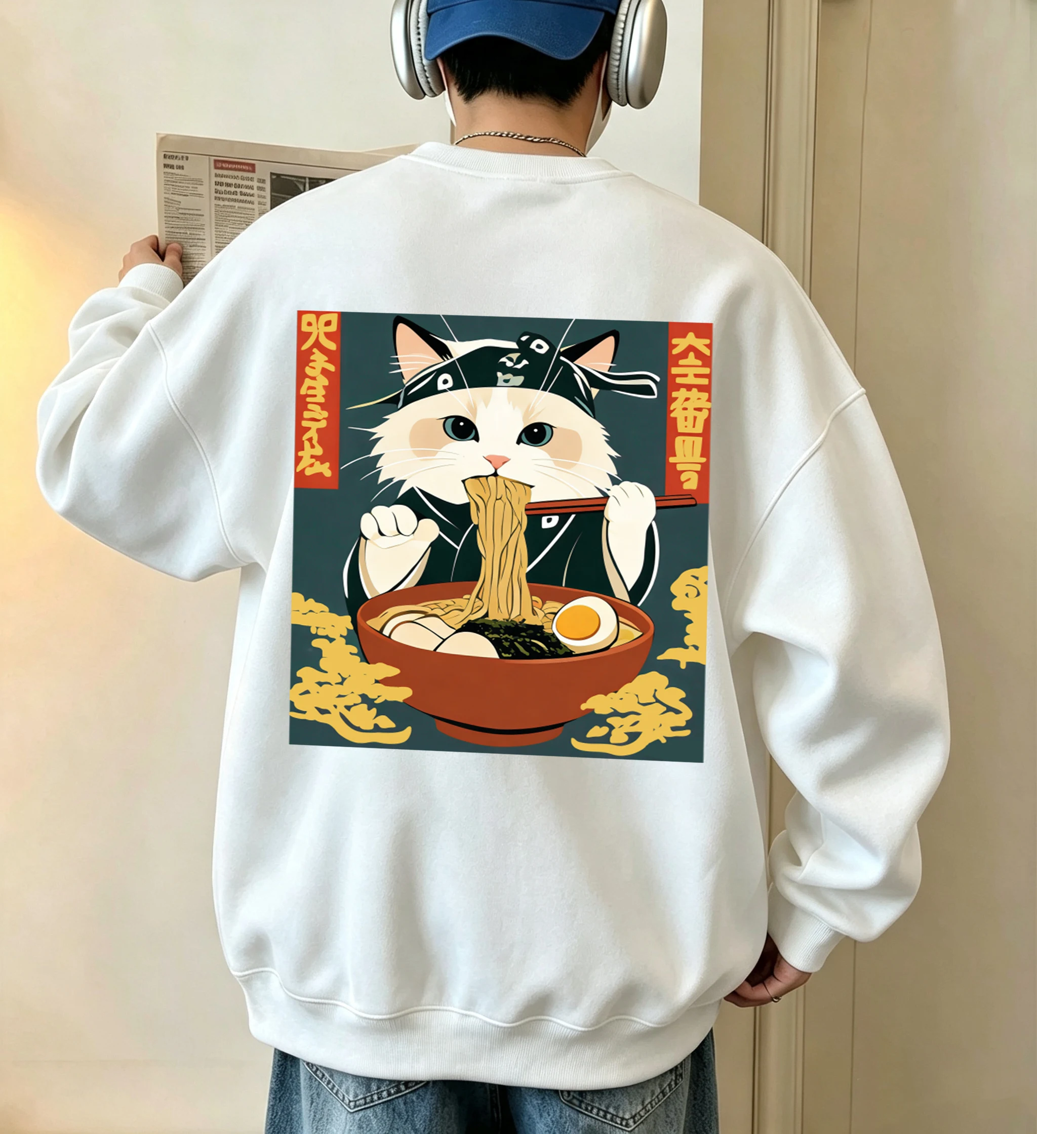 Cats Who Like Lamian Noodles Very Much Prints Man Spring Autumn Fleece Pullovers Comfortable Daily Sweatshirts Street Soft Tops