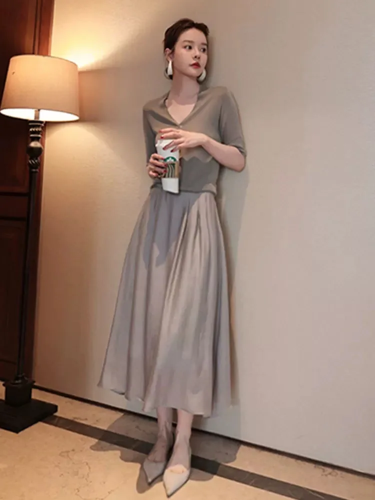 French fashion senior sense half skirt women\'s summer small A-line silk skirt thin high waist knitted slimming long skirt