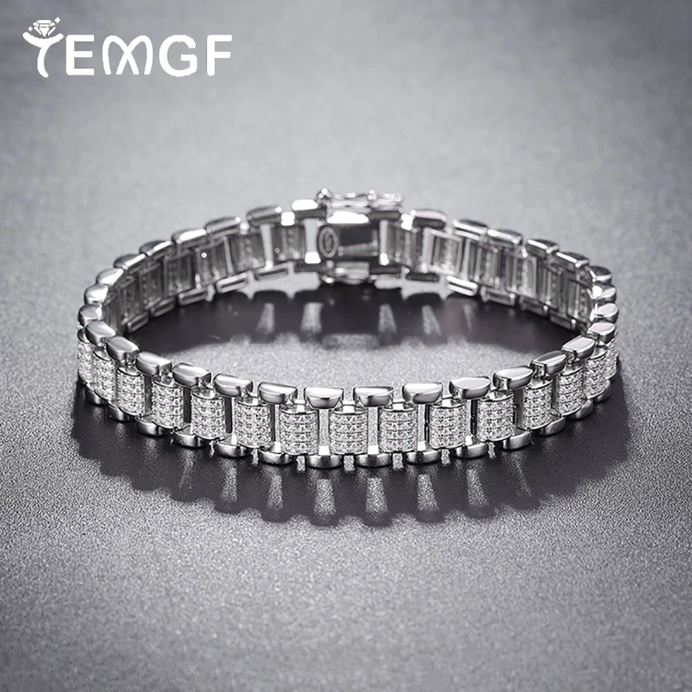 TEMGF Full Zircon/Moissanite Bracelet 8mm Width S925 Sterling Silver Unique Watch Chain for Men Women Cool Trendy Fine Jewelry