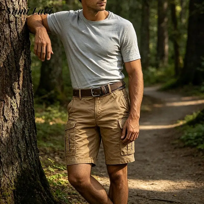 

Vintage Mens Multi Pocket Cargo Shorts Spring Summer New Casual Solid Color Loose Shorts For Men Daily Leisure Straight Shorts