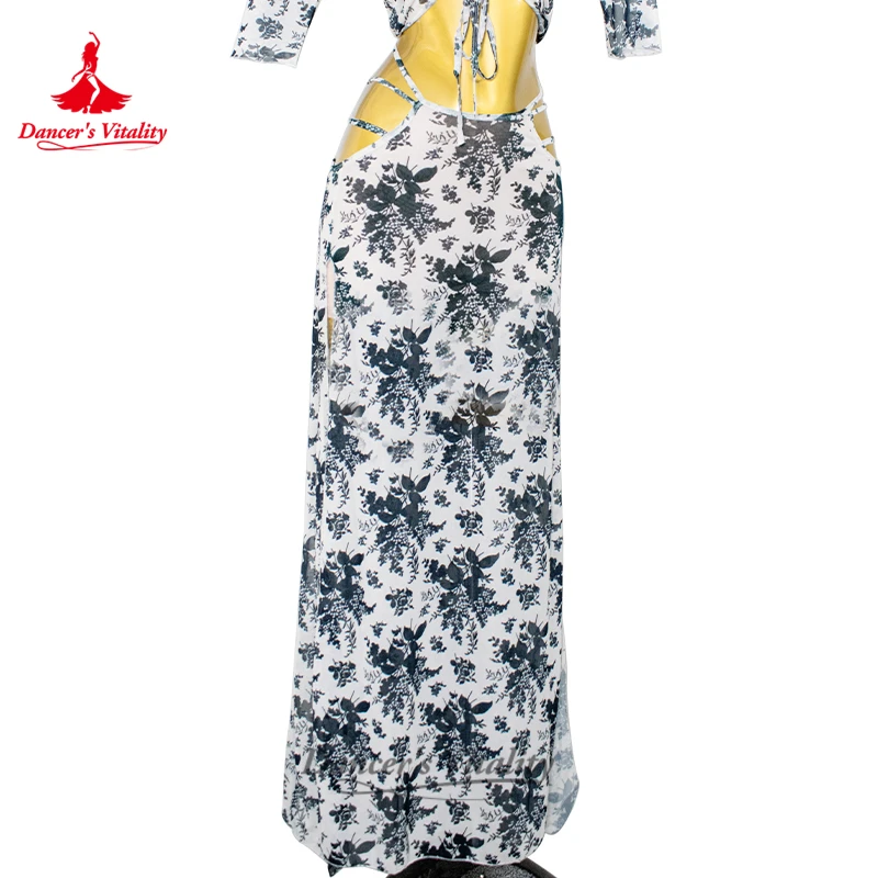 تنورة أداء الرقص الشرقي الجديدة للنساء، تنورة طويلة شبكية مطبوعة لكبار السن، ملابس ممارسة الرقص الشرقي للبالغين