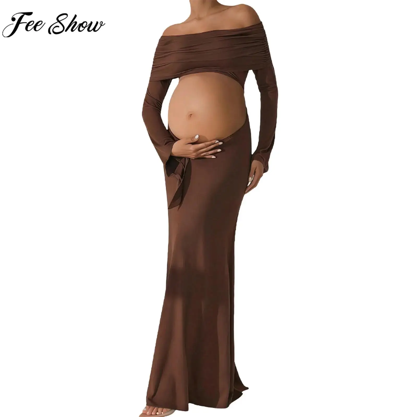 

Платье для фотосессии беременных: с открытыми плечами, длинными расклешенными рукавами, сексуальные вырезы, драпировка, макси-платье для пляжного отдыха, вечеринки, фотосессии