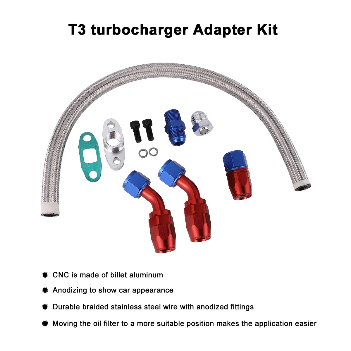 

1 Set Aluminum Alloy Oil Kit For T3 Turbocharger Durable Stainless Steel Braided Tubing Universal Fitment Cooling