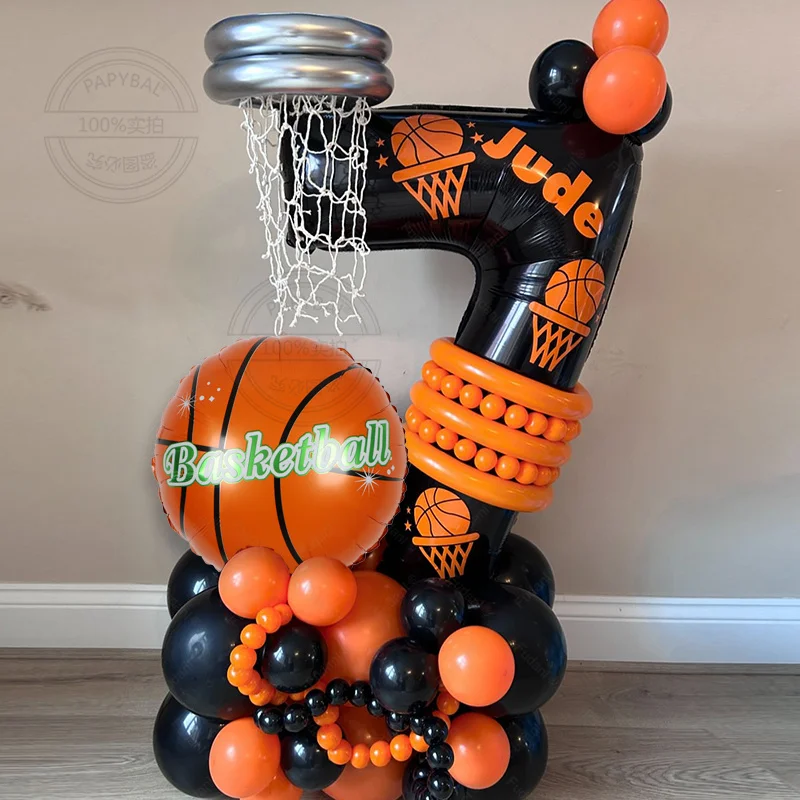 Set di 40 palloncini in lattice nero arancione con numero nero Palla da basket in alluminio per decorazioni per feste con palloncini di compleanno