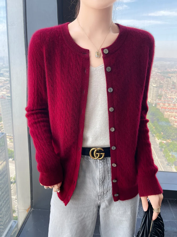 

100% Cashmere Sweater Women's Clothing O-Neck Knitting Cardigan Autumn Winter New Long Sleeve Coat Fashionable Fried Dough Tops