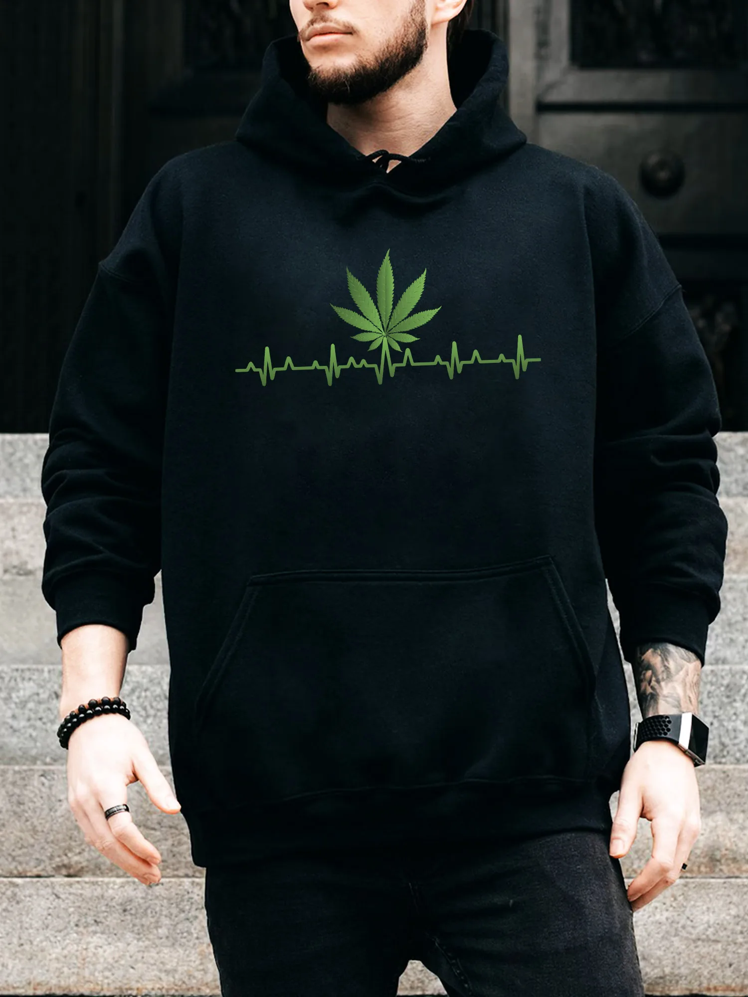 

Мужская толстовка Heartline with Leaves на шнурке — повседневный удобный черный пуловер, осенне-зимняя толстовка с капюшоном