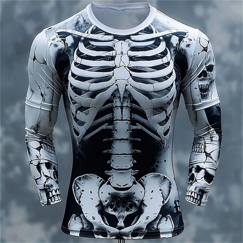 Men Long Sleeve T-shirt 3D Print Skeleton Skulls Pattern Tops Casual Fashion T-shirt Sweatshirt Breathable Streetwear Loose Tees