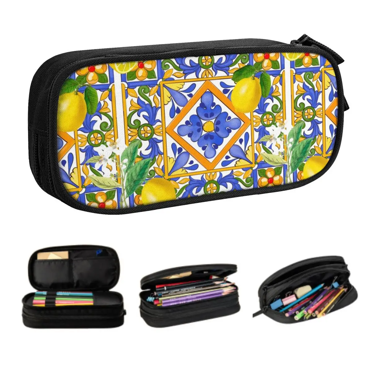 Custom Mediterranean Summer Fruit Lemons Tiles Pencil Cases for Girl Boy Large Storage Pen Bag Box School Supplies