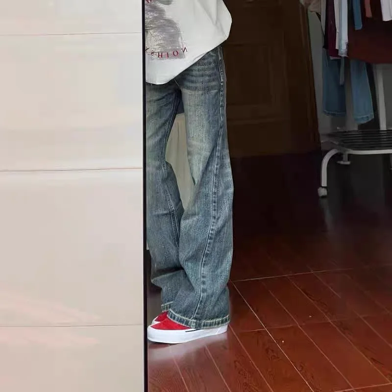 

Мужские джинсы в американском ретро-стиле, удлиненные, с высокой талией, свободного кроя, прямые, повседневные, на все сезоны, классический синий деним