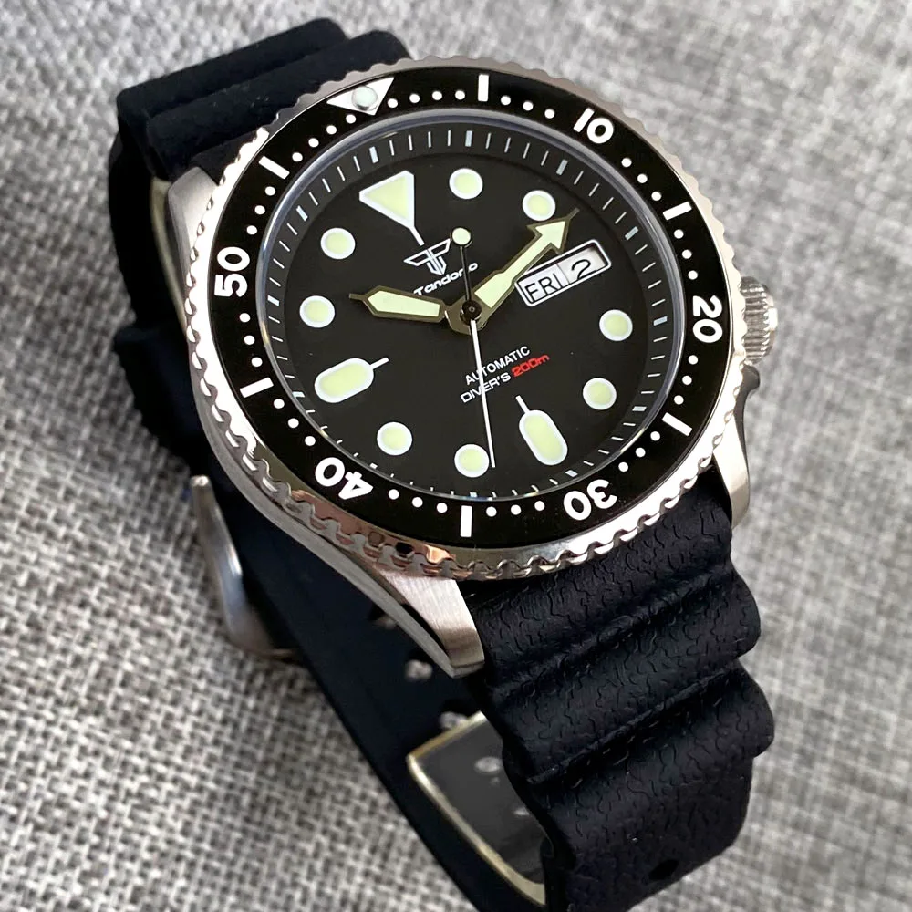 Relógio de mergulho preto luminoso masculino, Tandorio NH36A 20ATM, Auto SKX, vidro de safira, 120 momentos, moldura cerâmica, data, moldura