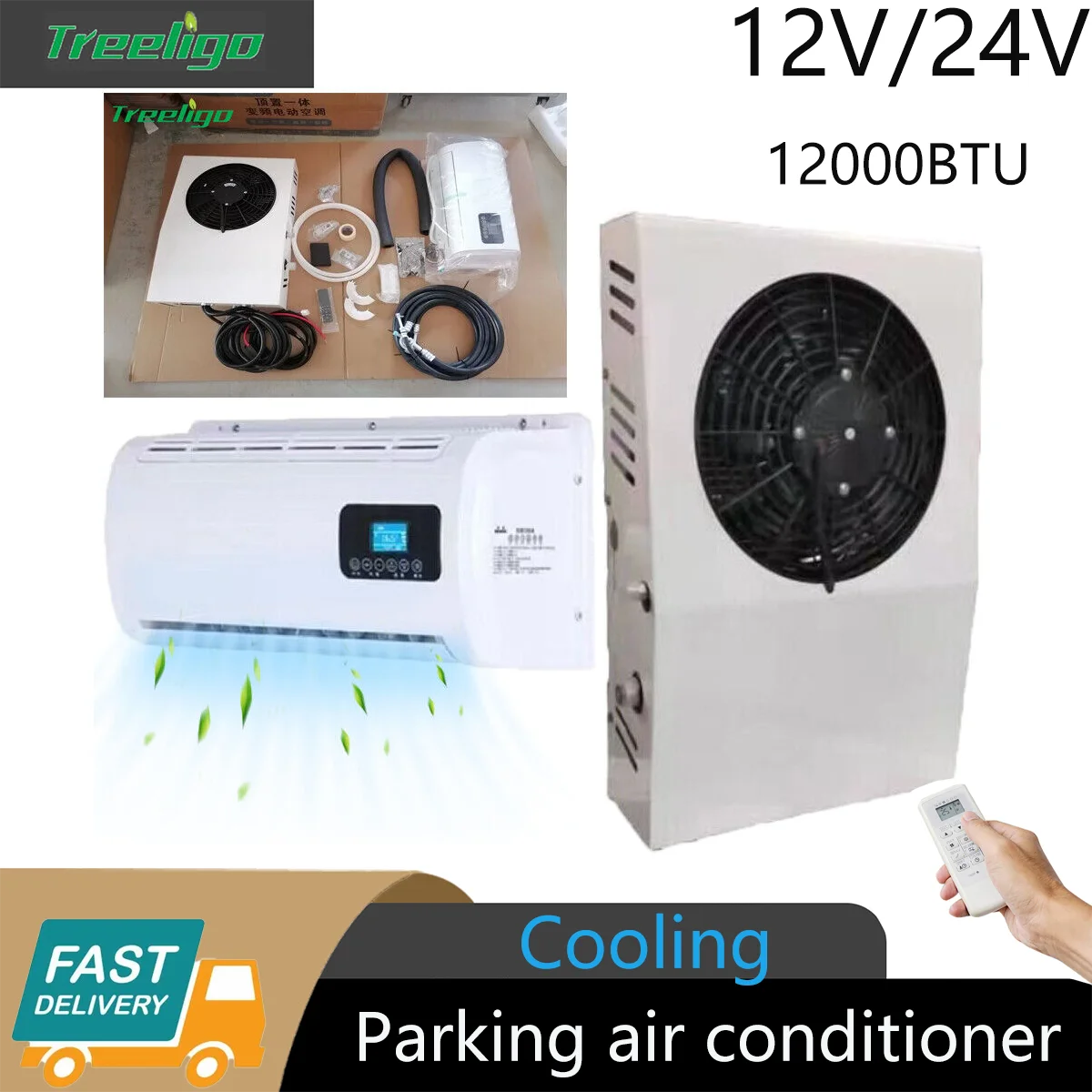 

Treeligo 12V 24V Truck Air Conditioner Parking Cooler AC Kit Electric Tractor Cab Split For Truck Camper Van Caravans Motor Home