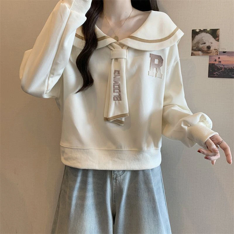 Preppy Style Autumn Sweatshirts Women Loose Sailor Collar Tie Pullovers Casual Fall Winter Fashion Letter Print Long Sleeve Tops