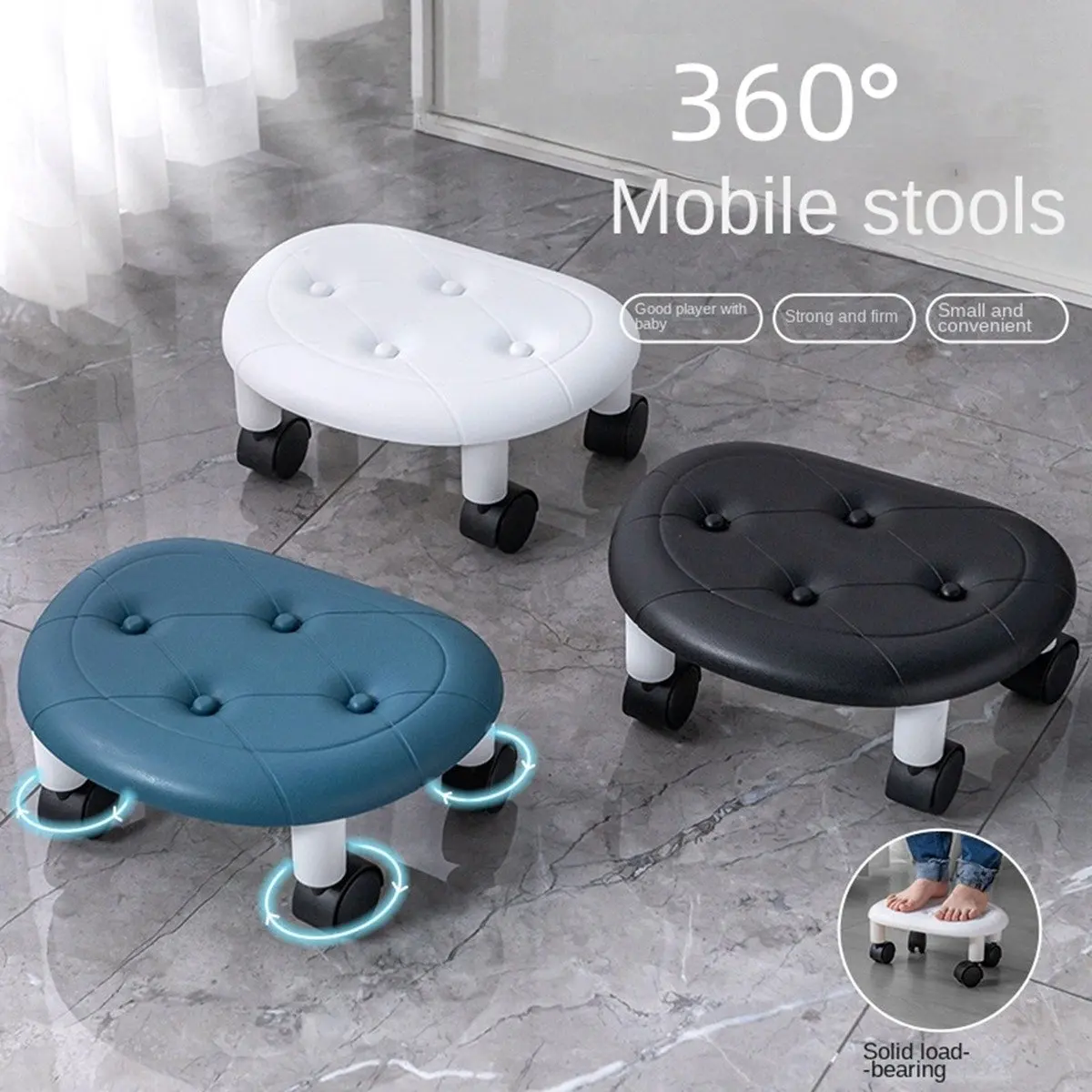 

AT33 Low Stool with Pulley Thickening Sponge Cushion Household Shoe Changing Chair Waterproof Portable Circular Stool Blue