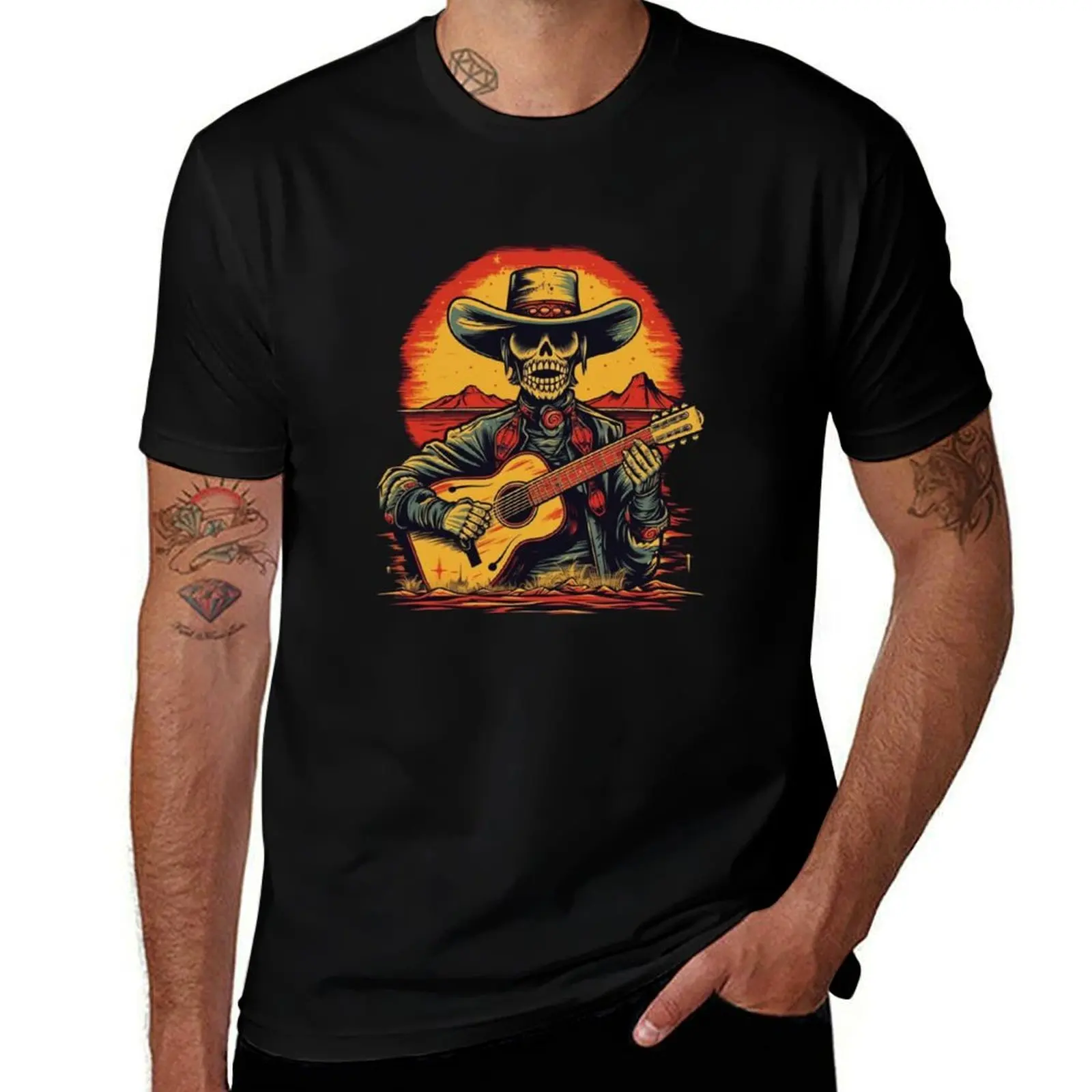 

Western Skeleton cowboy playing guitar T-Shirt shirts graphic graphics Blouse clothes anime shirts men