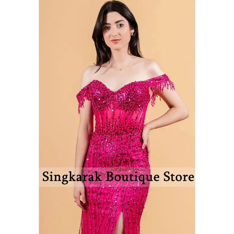 Vestidos de fiesta con cuentas y hombros descubiertos, sirena roja personalizada, abertura lateral, largo hasta el suelo, vestido de graduación con lentejuelas
