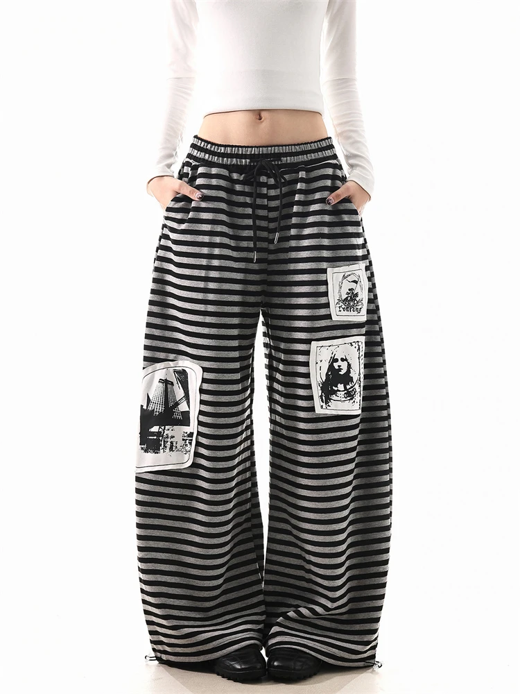 Women's Horizontal Stripes Vintage Pants Casual Y2k Wide Leg Sweatpants Hip-hop 90s Women Bottoms Female High Waisted Trousers