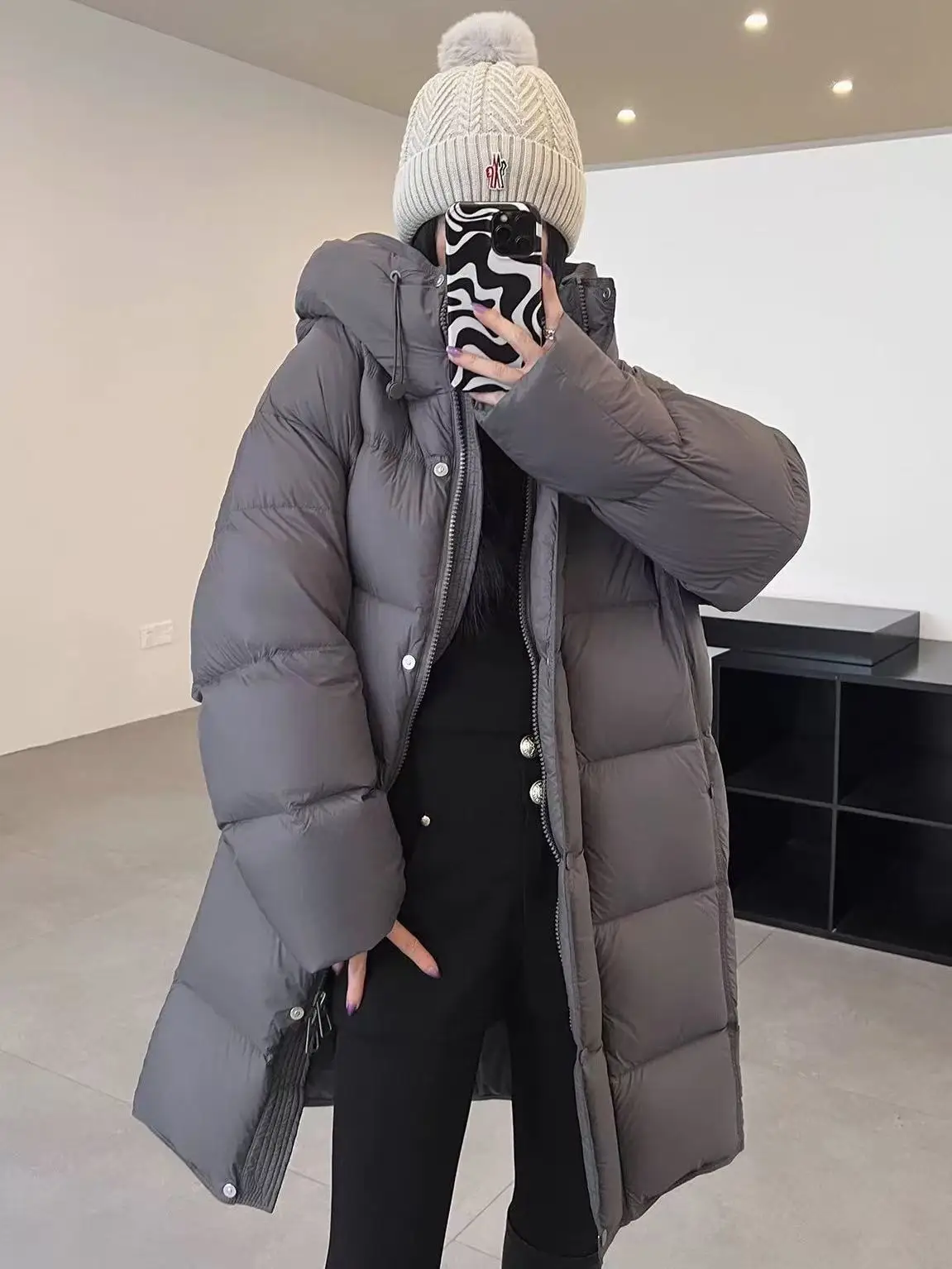 Winter Mid Length Hooded Solid Matte Down Jacket Female Zipper Warm Thick Outwears Women White Duck Down Parker Down Jackets