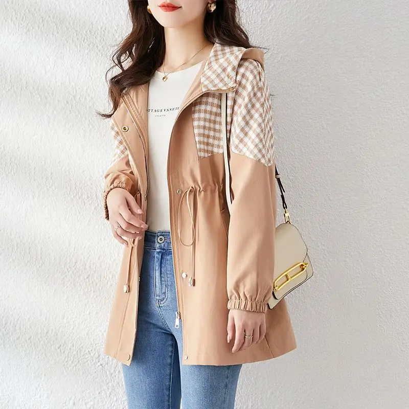 2023 Spring Autumn New Hooded Casual Elegant Women's Windbreaker Outwear Temperament Versatile Loose Female Trench Coat Jacket