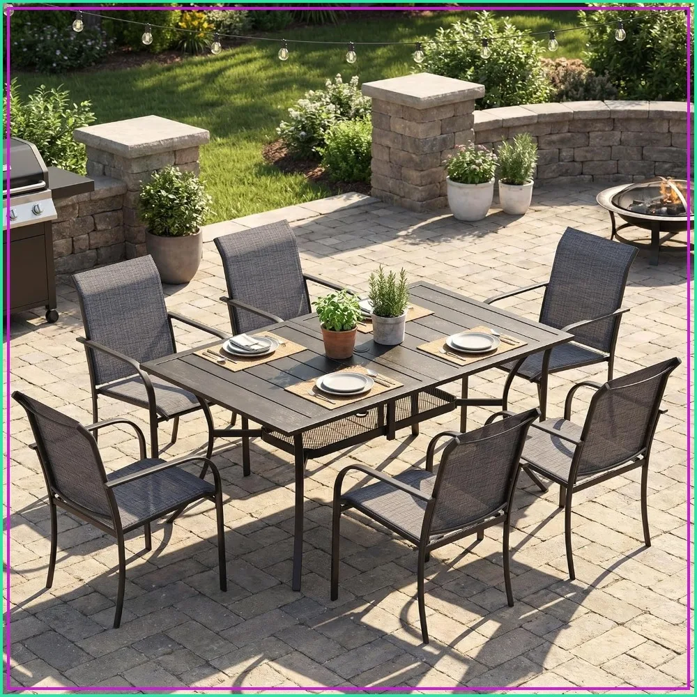 Patio Dining Set for 6, 7-Piece Outdoor Furniture with 59 Inch Rectangular Table and Chairs, Black