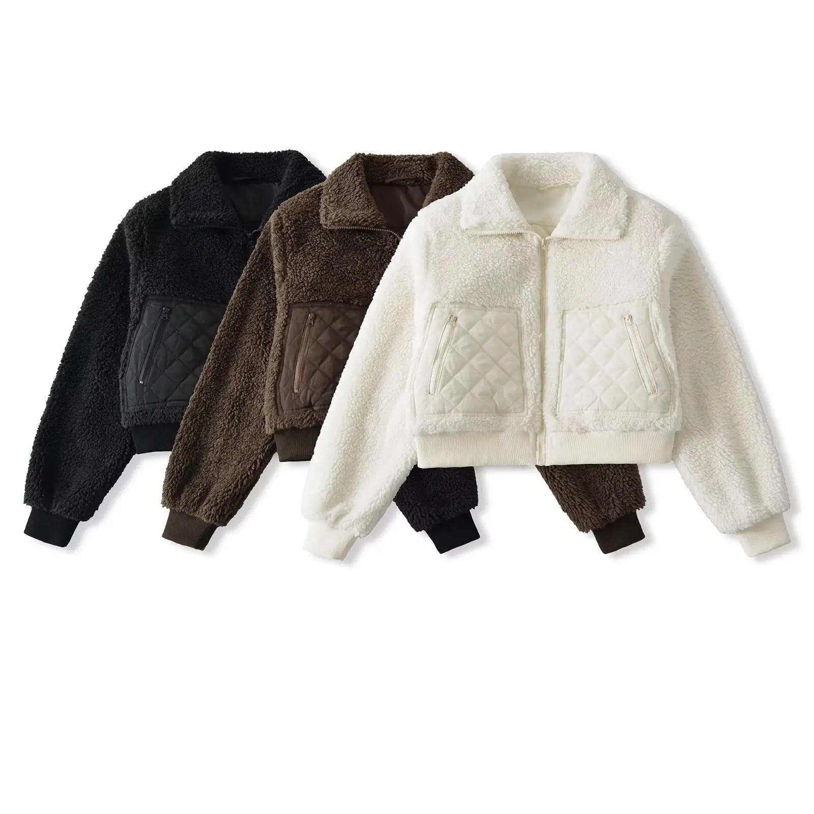Retro American Lamb Fur Patchwork Stand Collar Short Thickened Zipper Jacket Women's Autumn Winter Casual Loose Coat Top