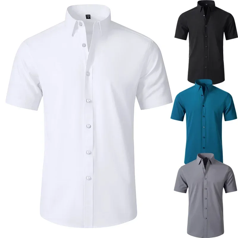 Hot-selling all-round elastic non-ironing plain men\'s short-sleeved shirts elastic business casual men\'s shirts can be wholesale