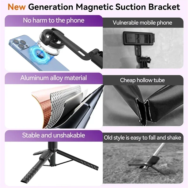 Magnetic Extendable Selfie Stick Tripod Stand with Bluetooth Wireless Remote for Magsafe IPone Android Gimbal Stabilizer Monopod