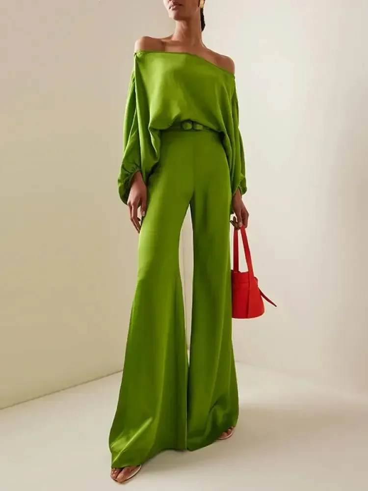 Tinaa Autumn Green Suits for Women 2024 Fashion Off-The-Shoulder Blouses & Casual Office High Waisted Wide Leg Pants